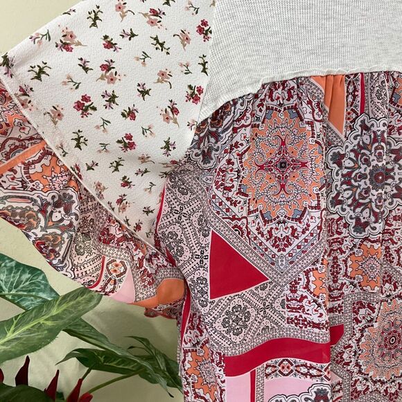 Hummingbird Boho blouse top women’s M mixed media V Neck tie waist flutter sleev - Picture 3 of 7